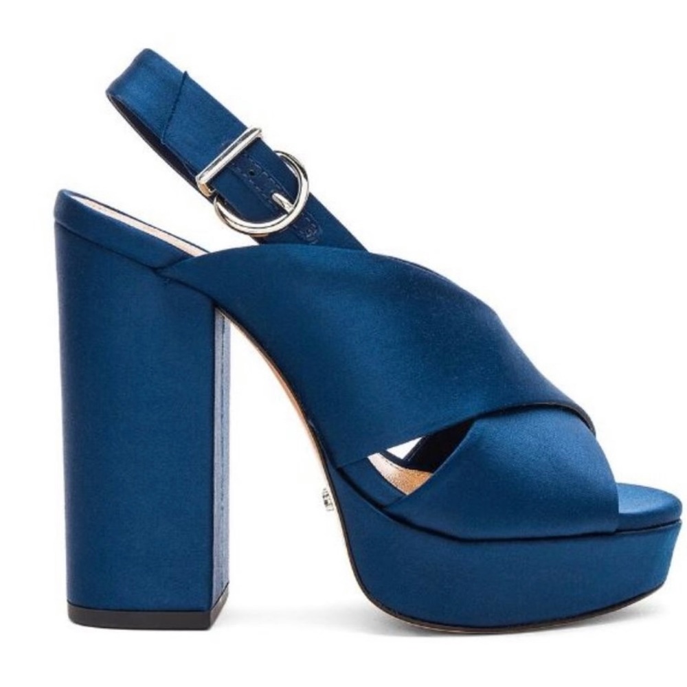 SCHUTZ Millie Blue Satin Platform Heel Sandal Shoes Size US 8.5  New in Box